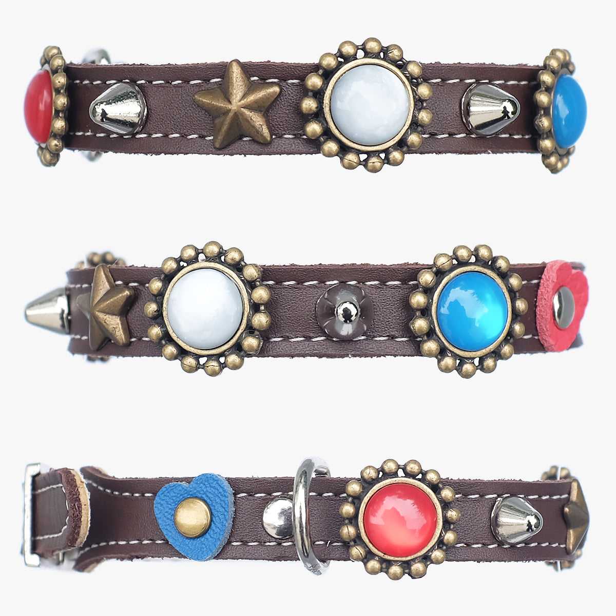 Superpipapo Luxury Leather Cat Collar, In Brown With Spikes, & Stones | at Made Moggie