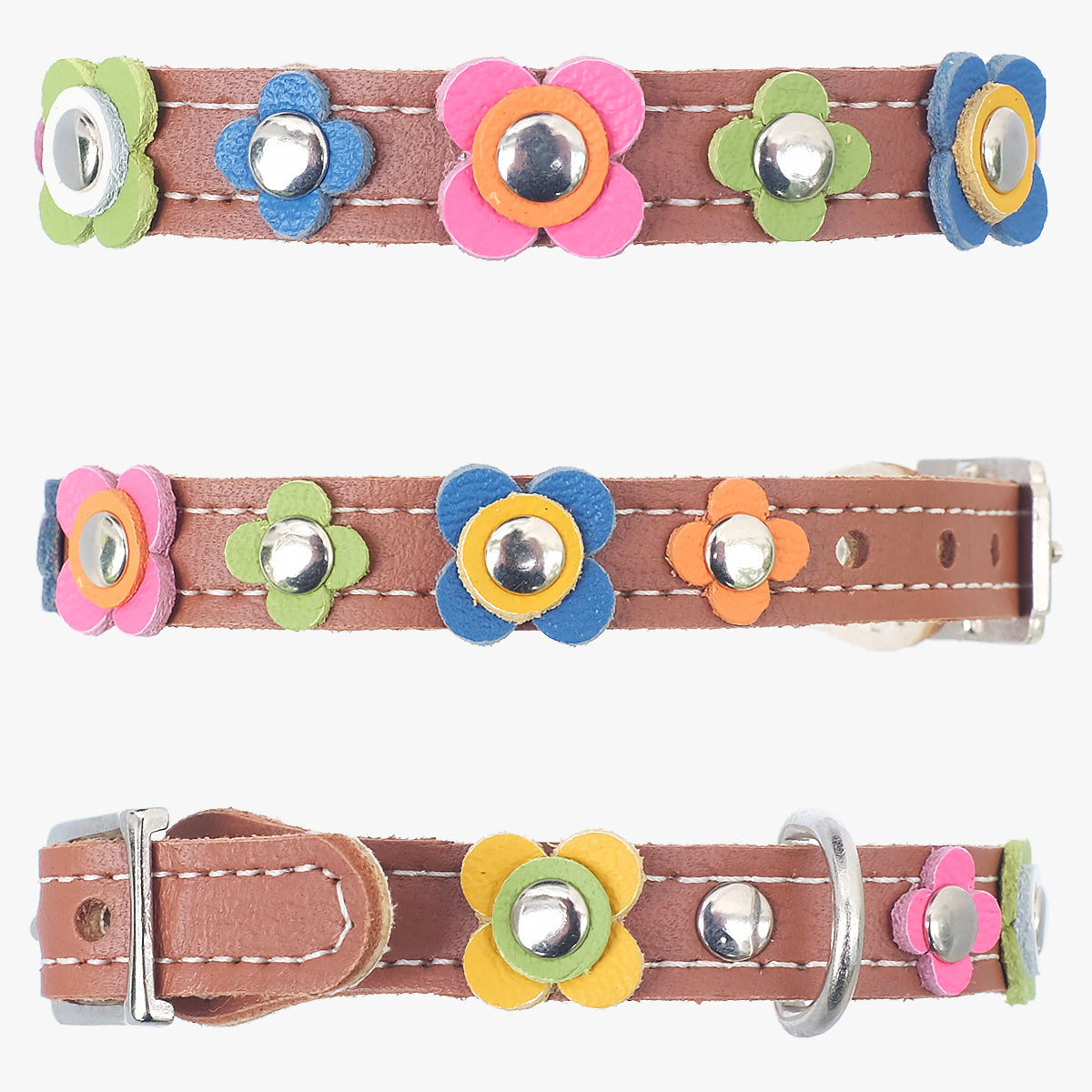 Superpipapo Luxury Leather Cat Collar, In Brown With Studs, & Pastel Daisy Flower Patches | at Made Moggie