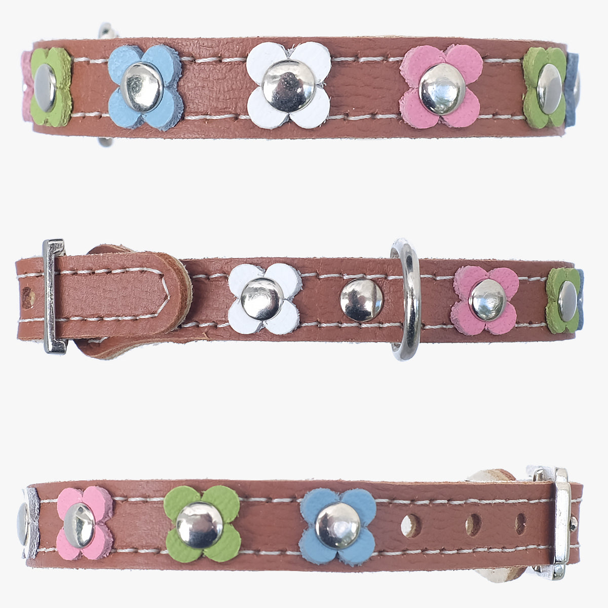 Superpipapo Luxury Leather Cat Collar, In Brown With Studs, & Pastel Daisy Flower Patches | at Made Moggie