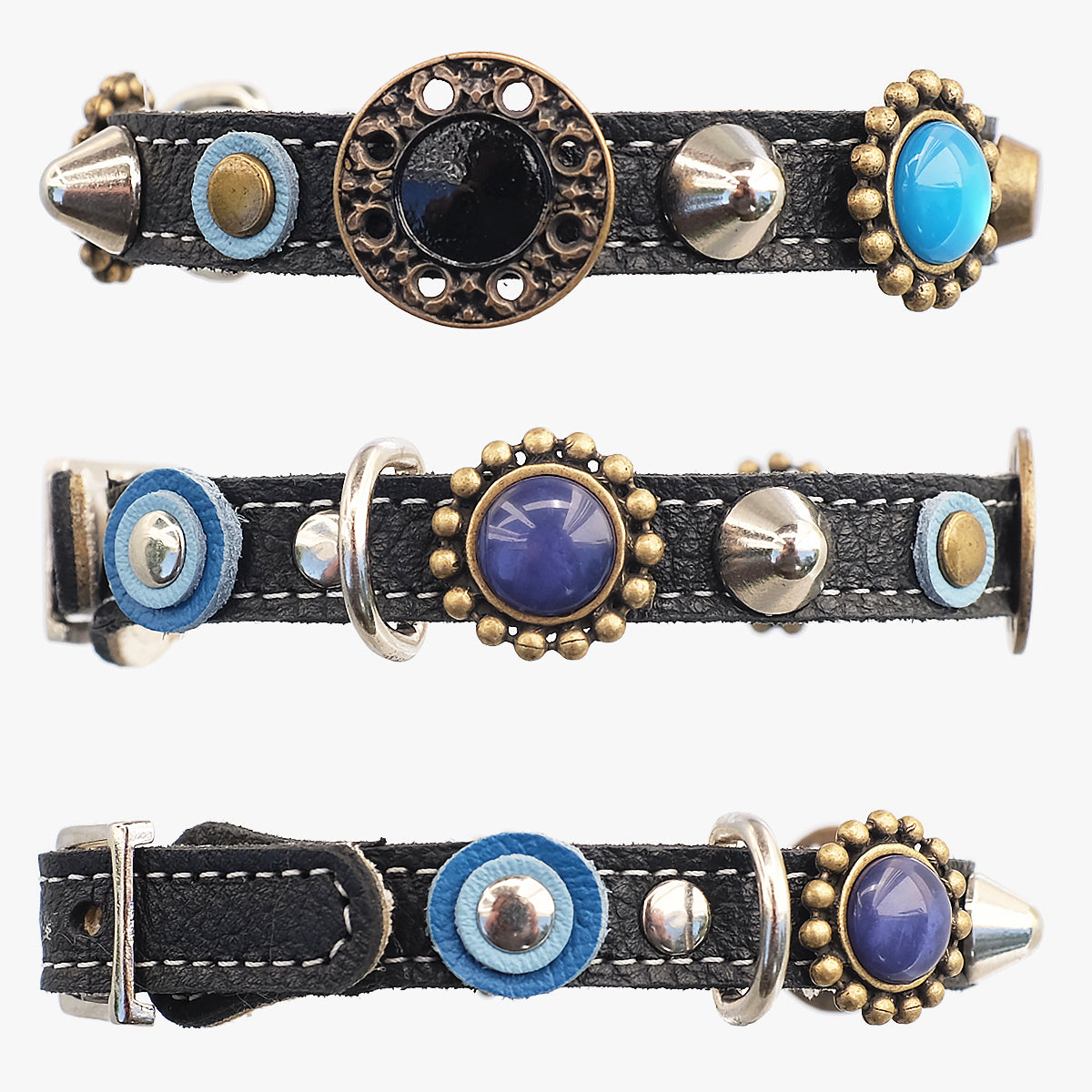 Superpipapo Luxury Leather Cat Collar, In Black With Studs, Spikes & Blue Stones | at Made Moggie