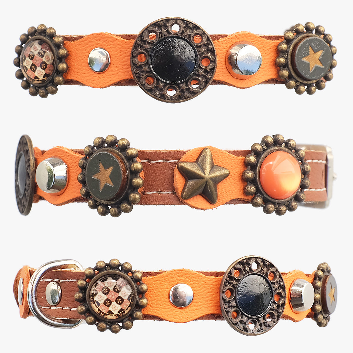 Superpipapo Orange Luxury Leather Cat Collar, In Brown & Orange With Studs, Stones & Hand Painted Ornaments | at Made Moggie