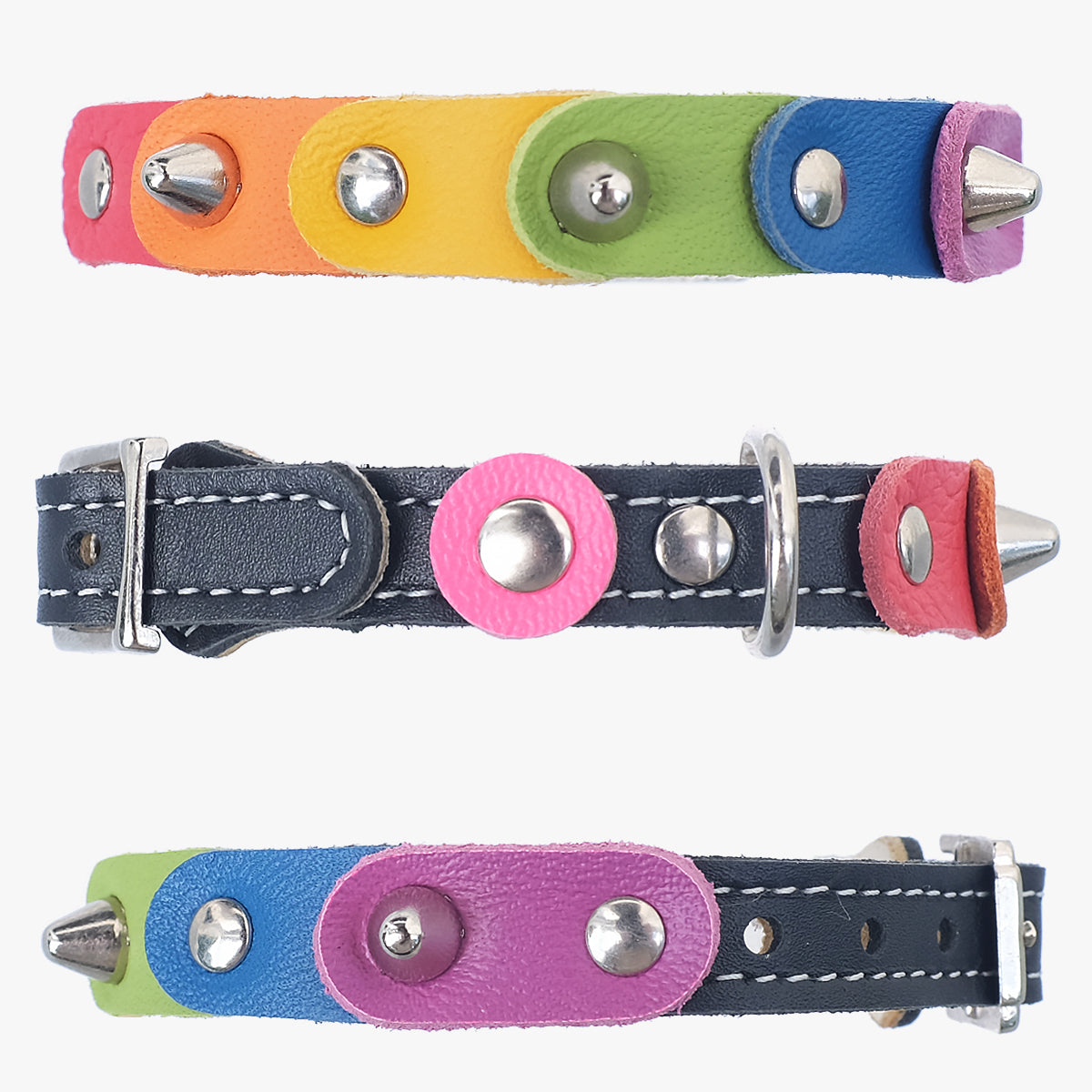 Superpipapo Rainbow Cat Collar, In Leather With Studs & Spikes | at Made Moggie