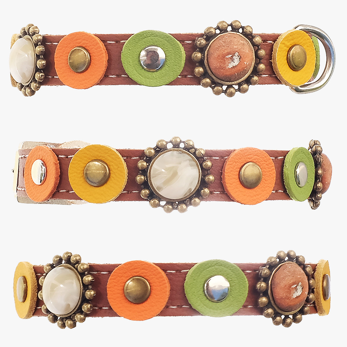 Superpipapo Luxury Leather Cat Collar, In Brown With Studs, & Patches In Tropical Orange Colours | at Made Moggie