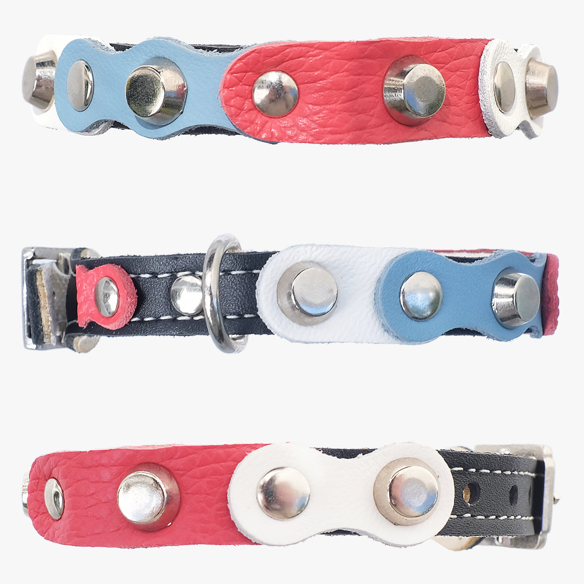Superpipapo Luxury Leather Cat Collar, In Black With Studs, & Patches In Red, White & Blue | at Made Moggie