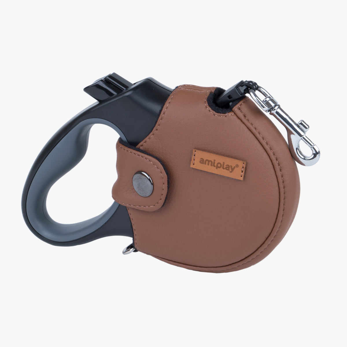 Amiplay 5m Retractable Lead, With Brown Vegan-Leather Cover | at Made Moggie