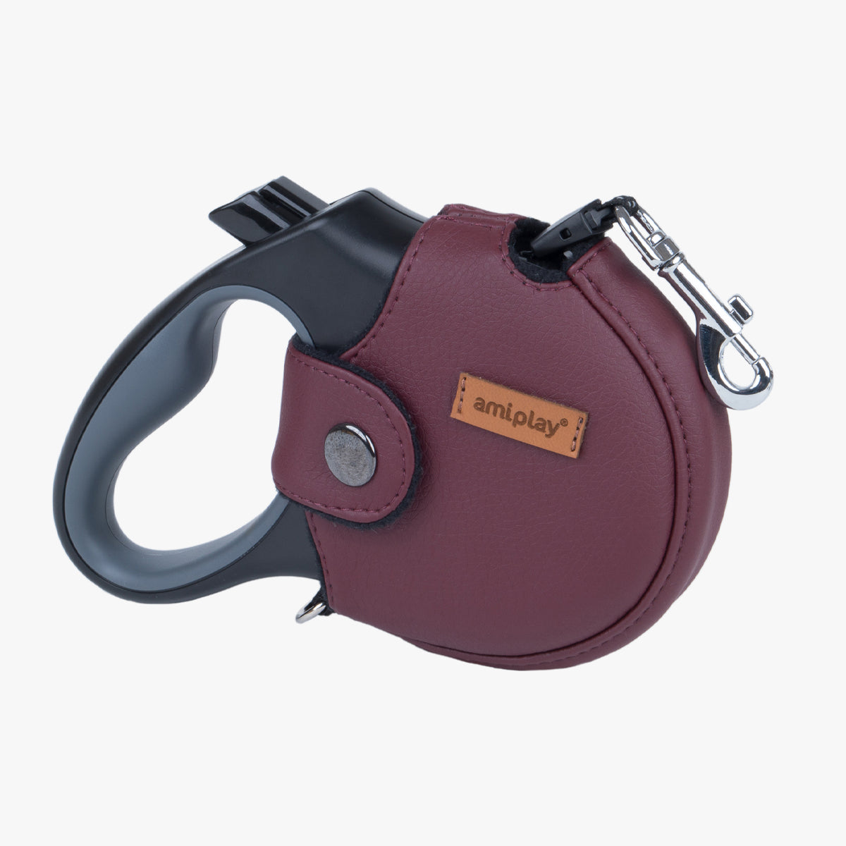 Amiplay 5m Retractable Lead, With Burgundy Vegan-Leather Cover | at Made Moggie