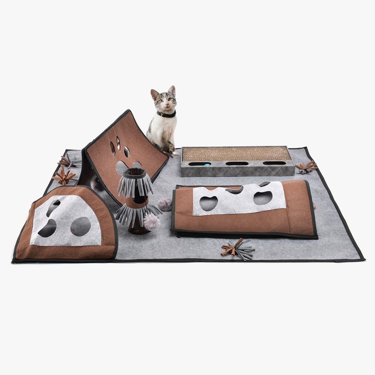 CanadianCat Extra Large Activity Rug Coleen With Tunnels & Scratch Board, In Felt Fabric | at Made Moggie