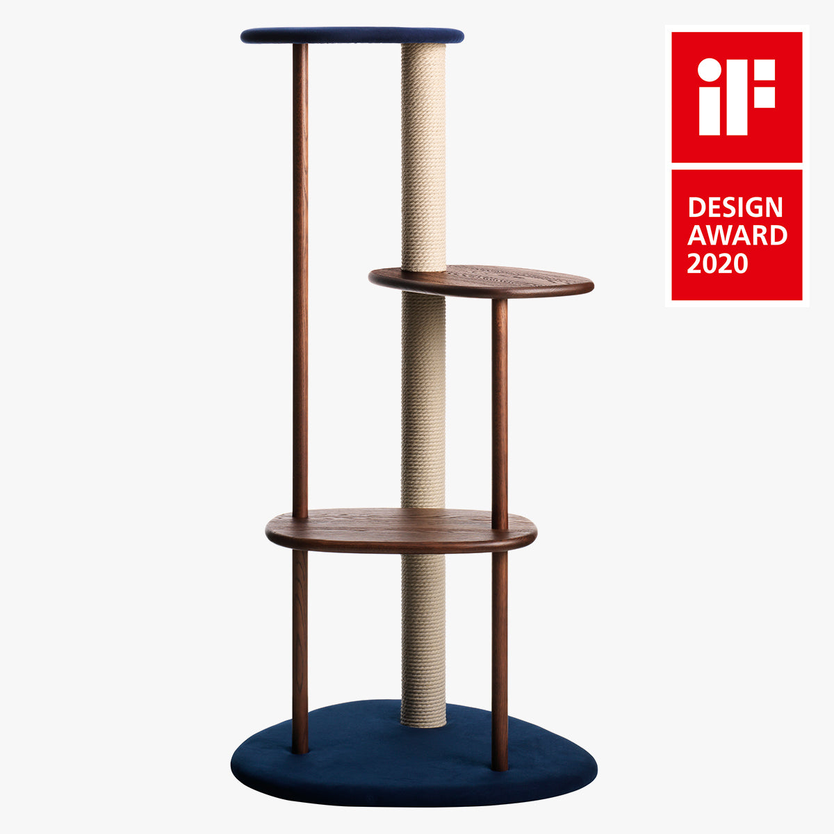 Karimoku Cat Wood Cat Tree, With Tall Cat Scratch Posts, & Blue Cushioned Fabric | at Made Moggie