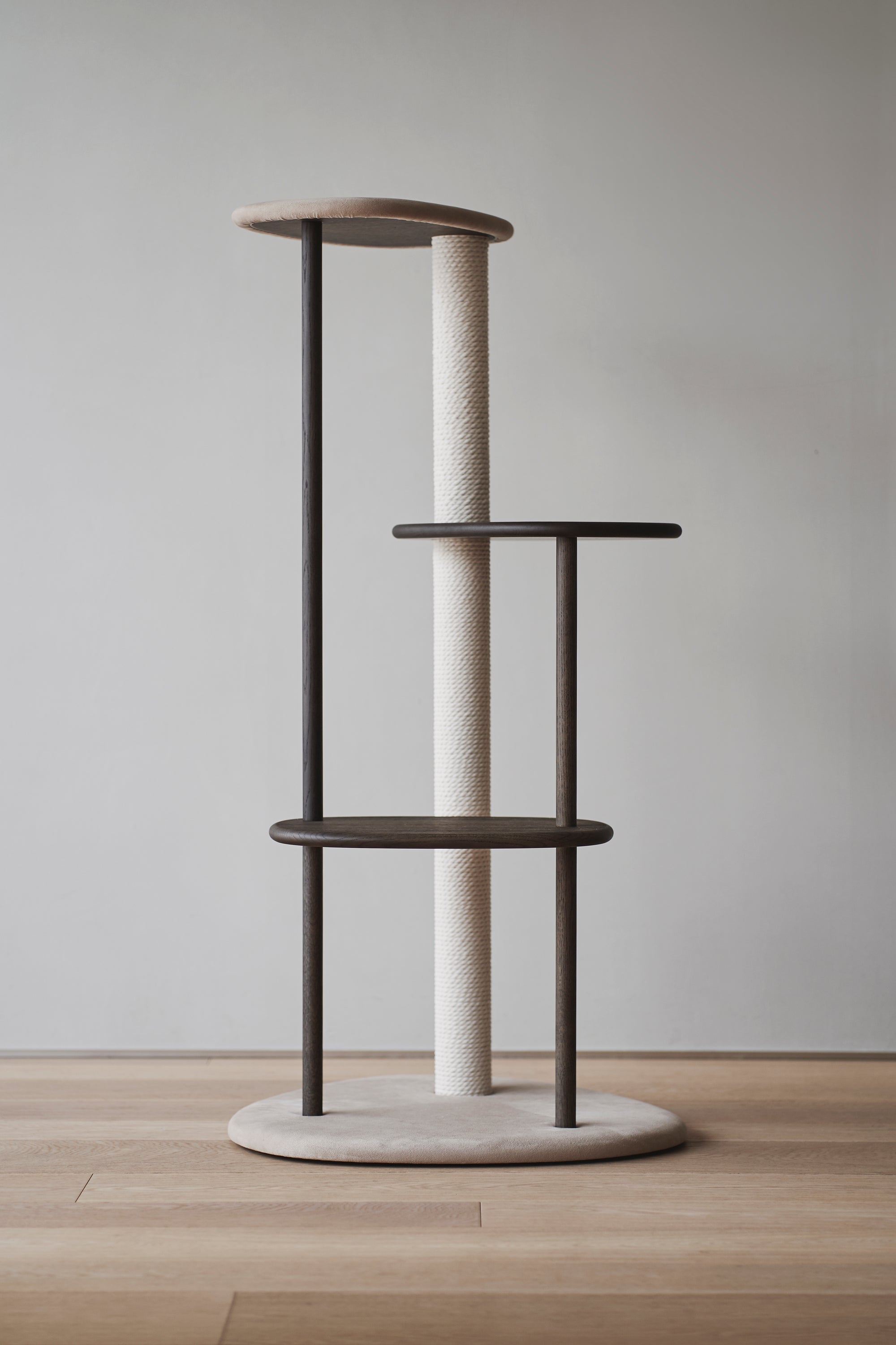 Karimoku Cat Luxury Cat Tower, In Smoked Oak With Cotton Cat Scratching Post | at Made Moggie