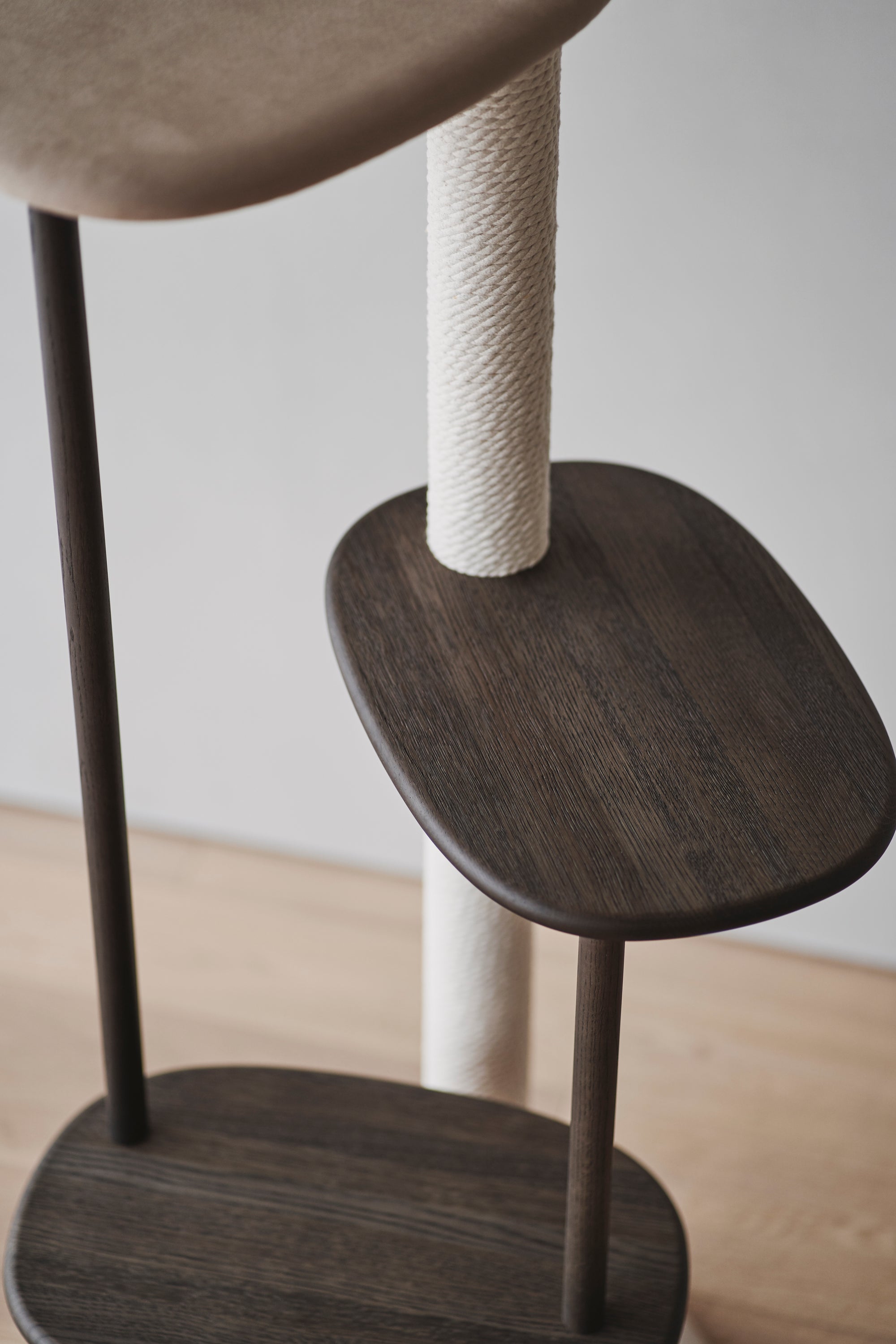 Karimoku Cat Solid Wood Cat Tree, In Smoked Oak With Cotton Cat Scratching Post | at Made Moggie