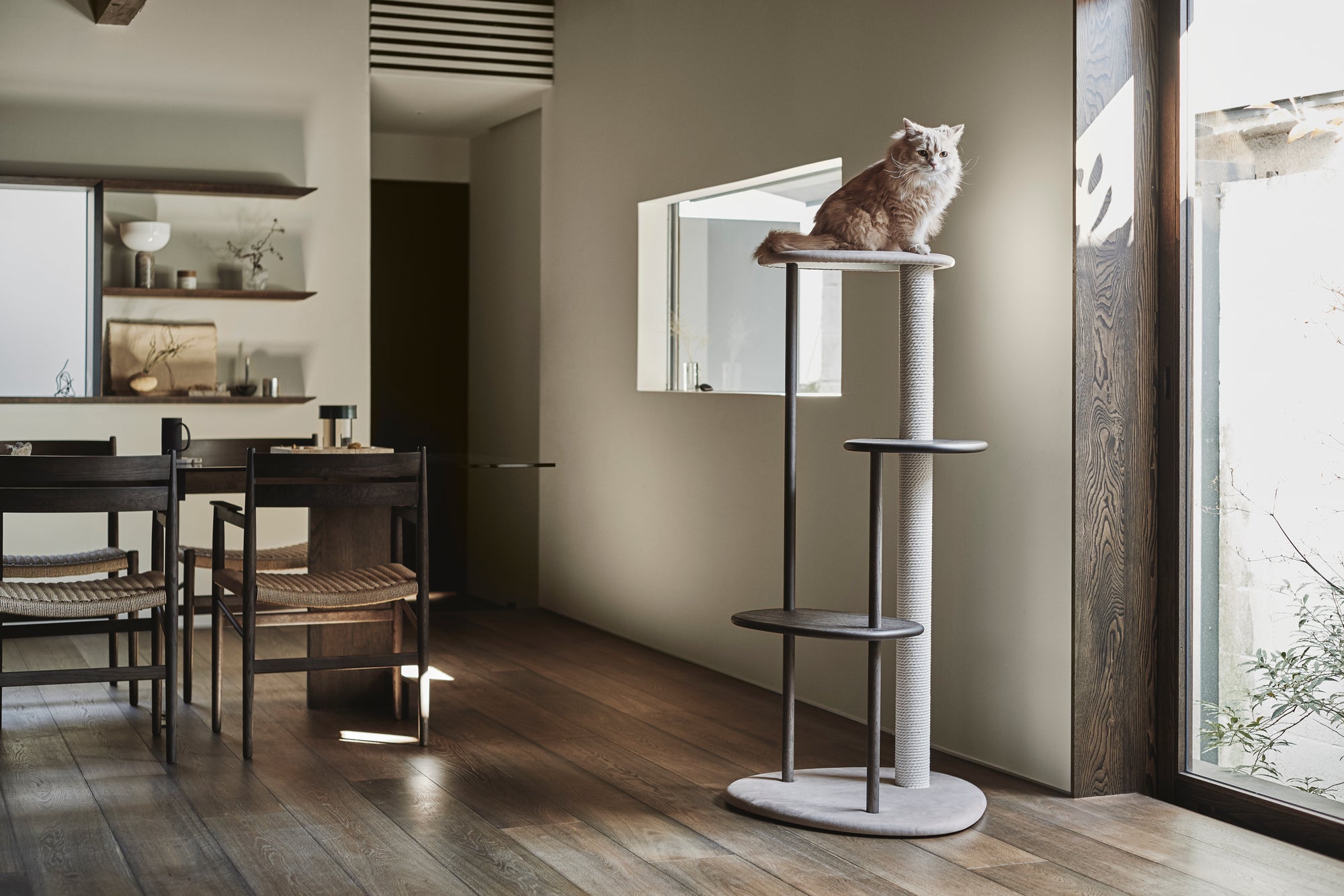 Karimoku Cat 124cm Tall Cat Tree, In Smoked Oak With Cotton Cat Scratching Post | at Made Moggie