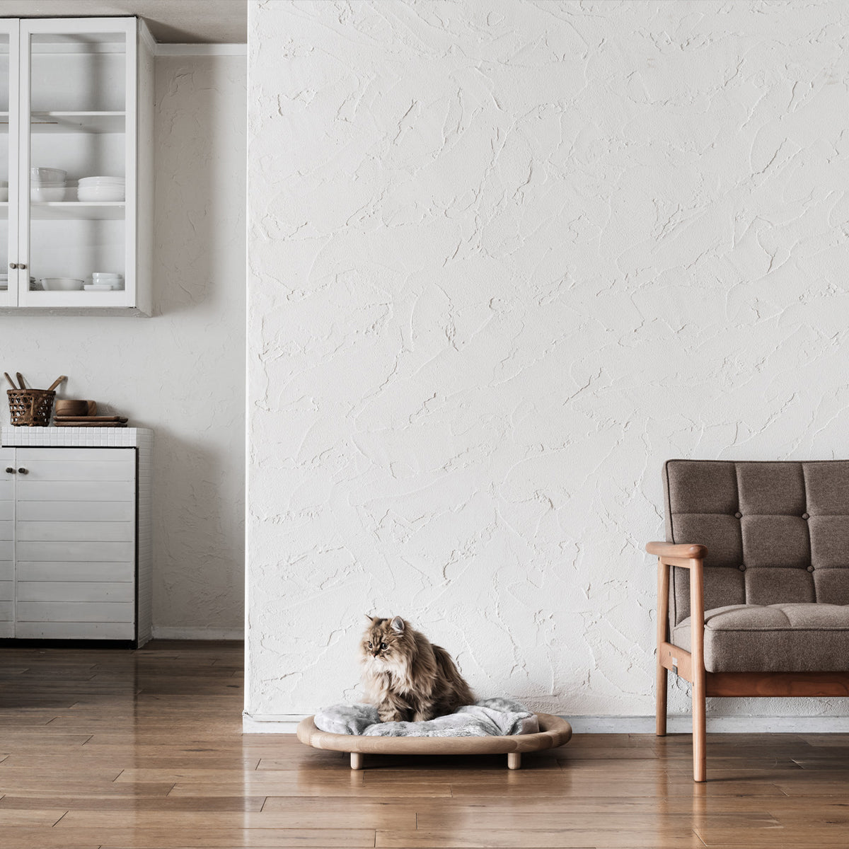 Karimoku Cat Luxury Cat Bed, With Raised Wood Base & Plush Cushion | at Made Moggie