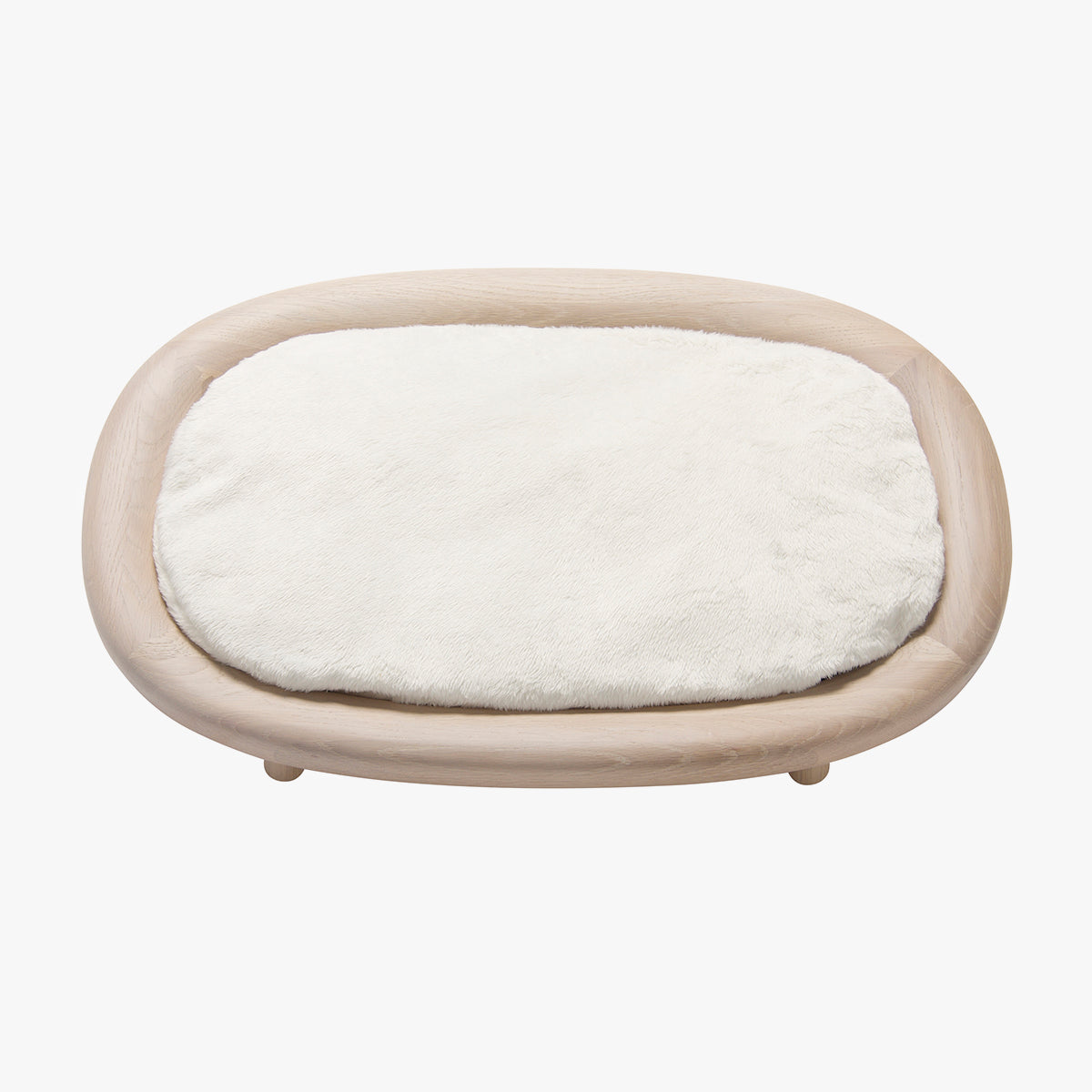 Karimoku Cat Wood Cat Bed, With Raised Base & White Plush Cushion | at Made Moggie