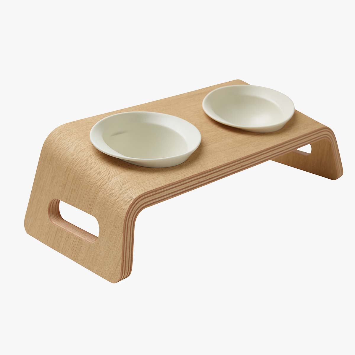 Karimoku Cat Elevated Cat Bowl Stand In Wood, With Ceramic Bowls In White Porcelain | at Made Moggie