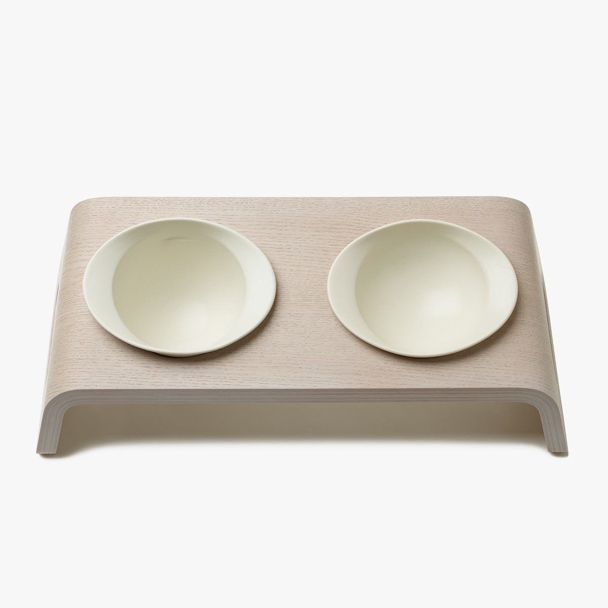 Karimoku Cat Bowl Stand, In White Wood With 2 Cat Bowls | at Made Moggie