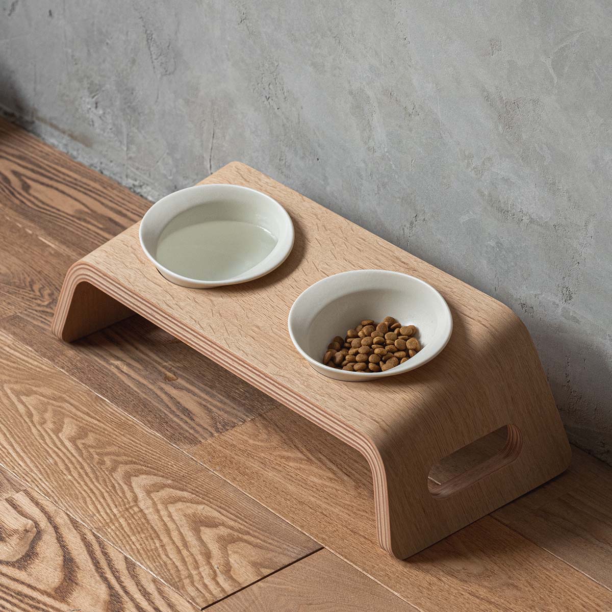 Karimoku Cat Wooden Cat Bowl Stand, With 2 Ceramic Cat Bowls | at Made Moggie