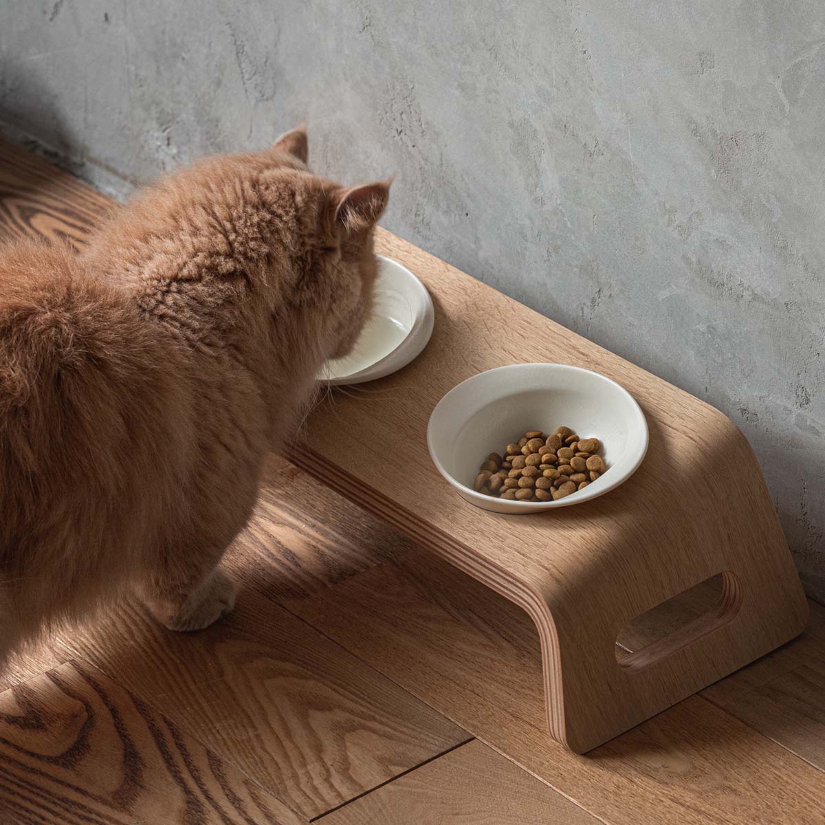Karimoku Cat Table, Luxury Wooden Stand With Water & Food Bowl | at Made Moggie