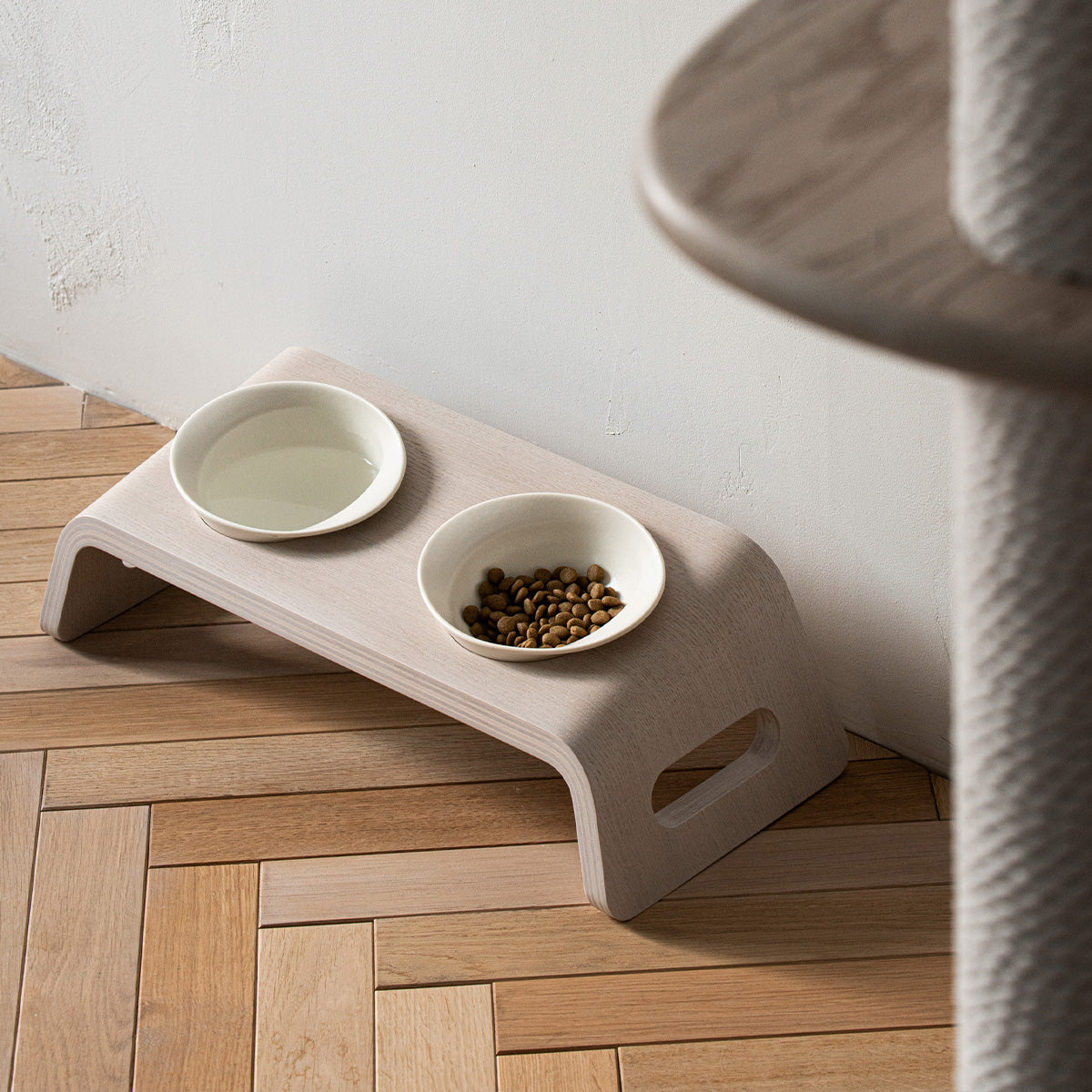 Karimoku Cat Tilted Cat Bowl Stand, In White Wood | Karimoku Cat Table | at Made Moggie
