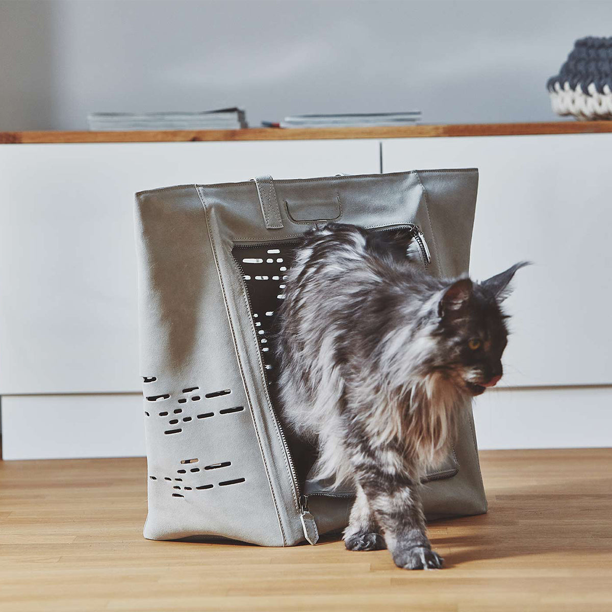 MiaCara Luxury Cat Carrier Bag, Handmade In Grey Leather | at Made Moggie