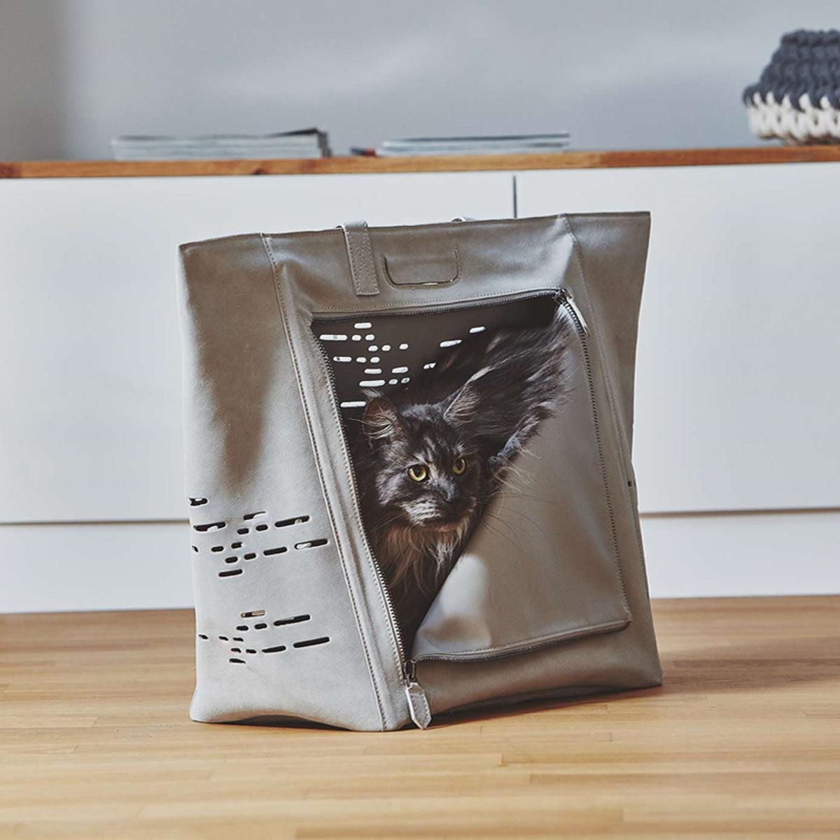 MiaCara Cat Carrier Tote-Style Bag, In Grey Leather | at Made Moggie