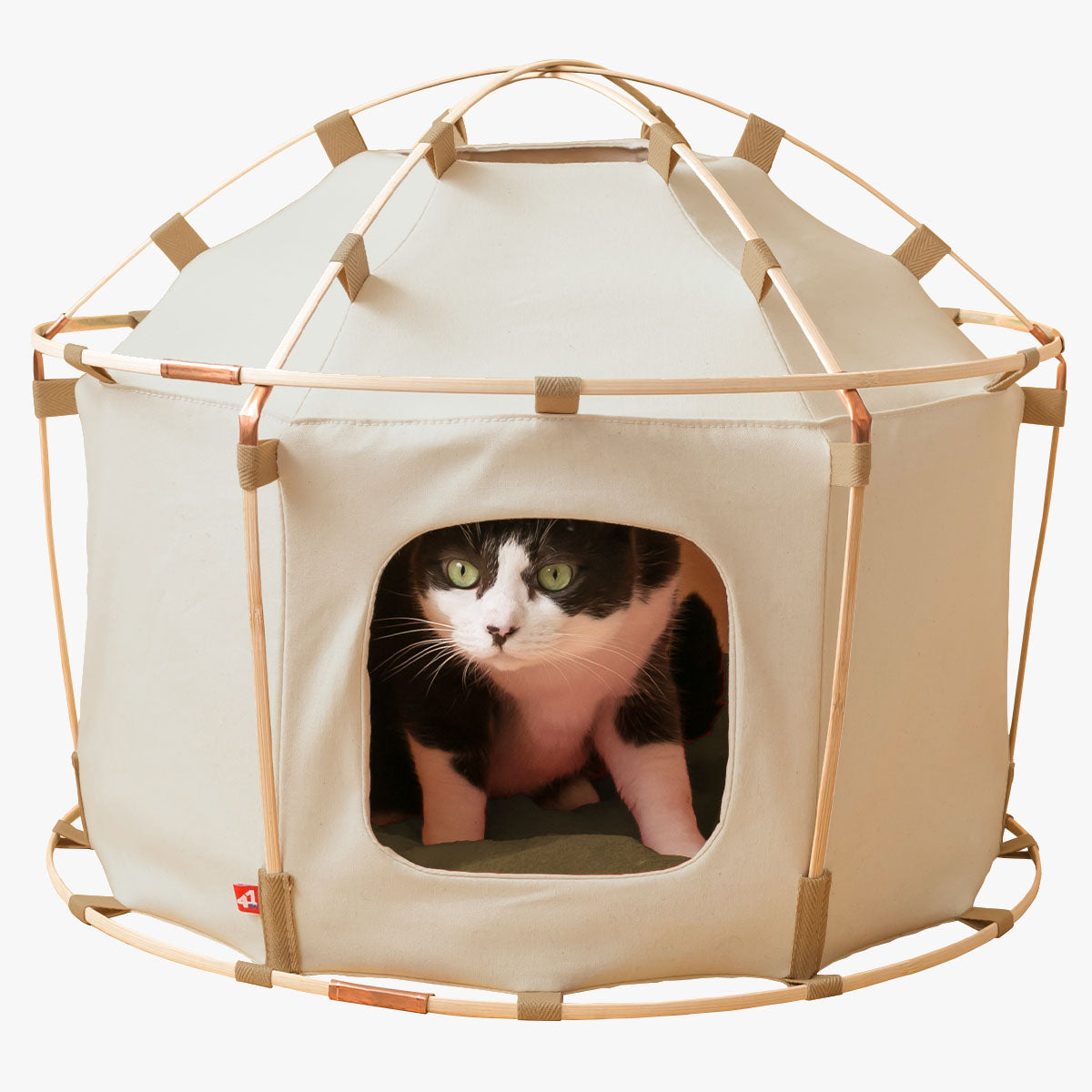 41st Century Giant Study Cat House, In Thick Beige Canvas & Wood | at Made Moggie