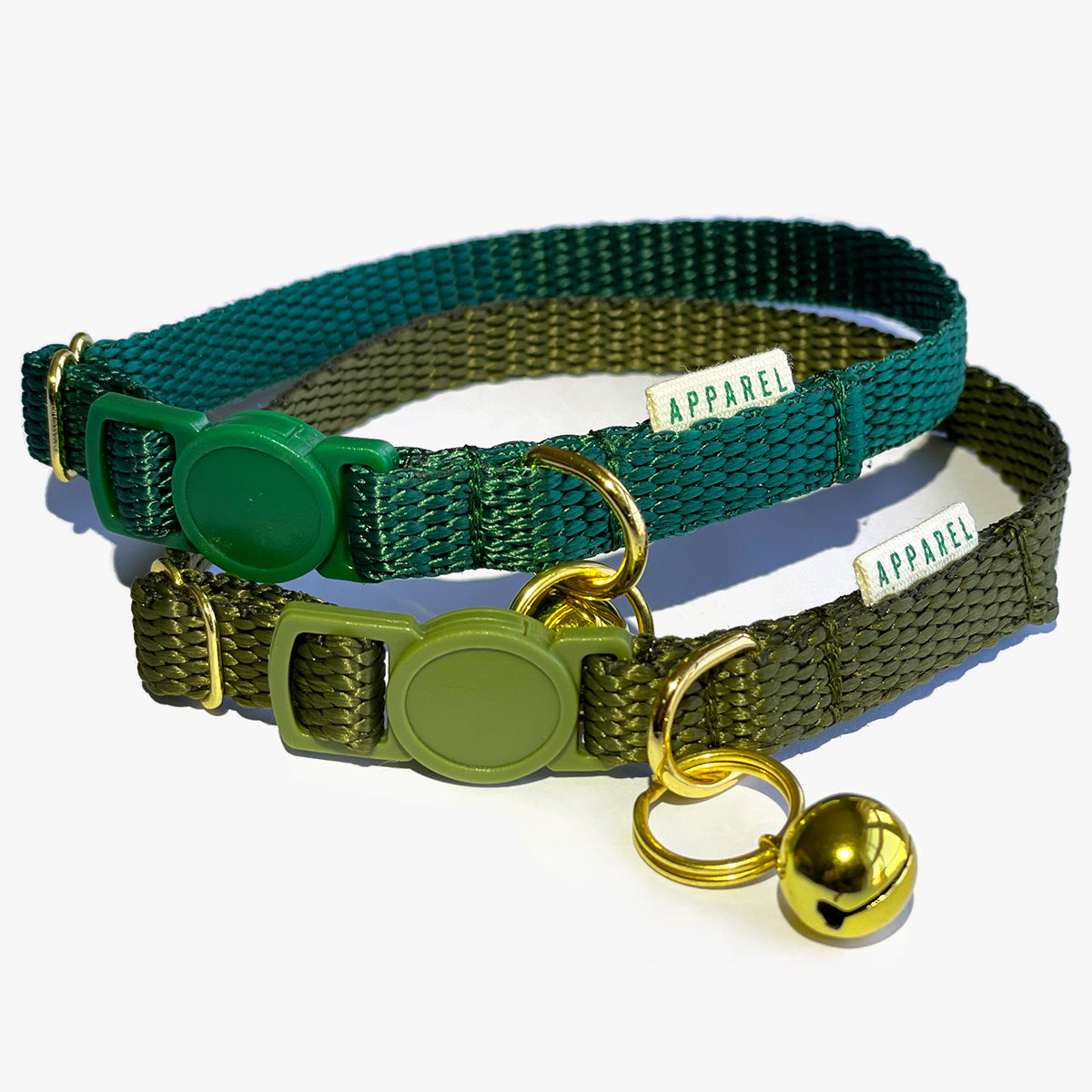 Doggie Apparel Cat Collar In Green, With Quick Release Clip & Bell | at Made Moggie