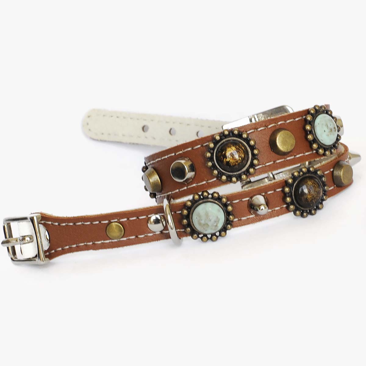 Superpipapo Leather Friendship Bracelet, & Matching Leather Cat Collar With Studs & Stones | at Made Moggie
