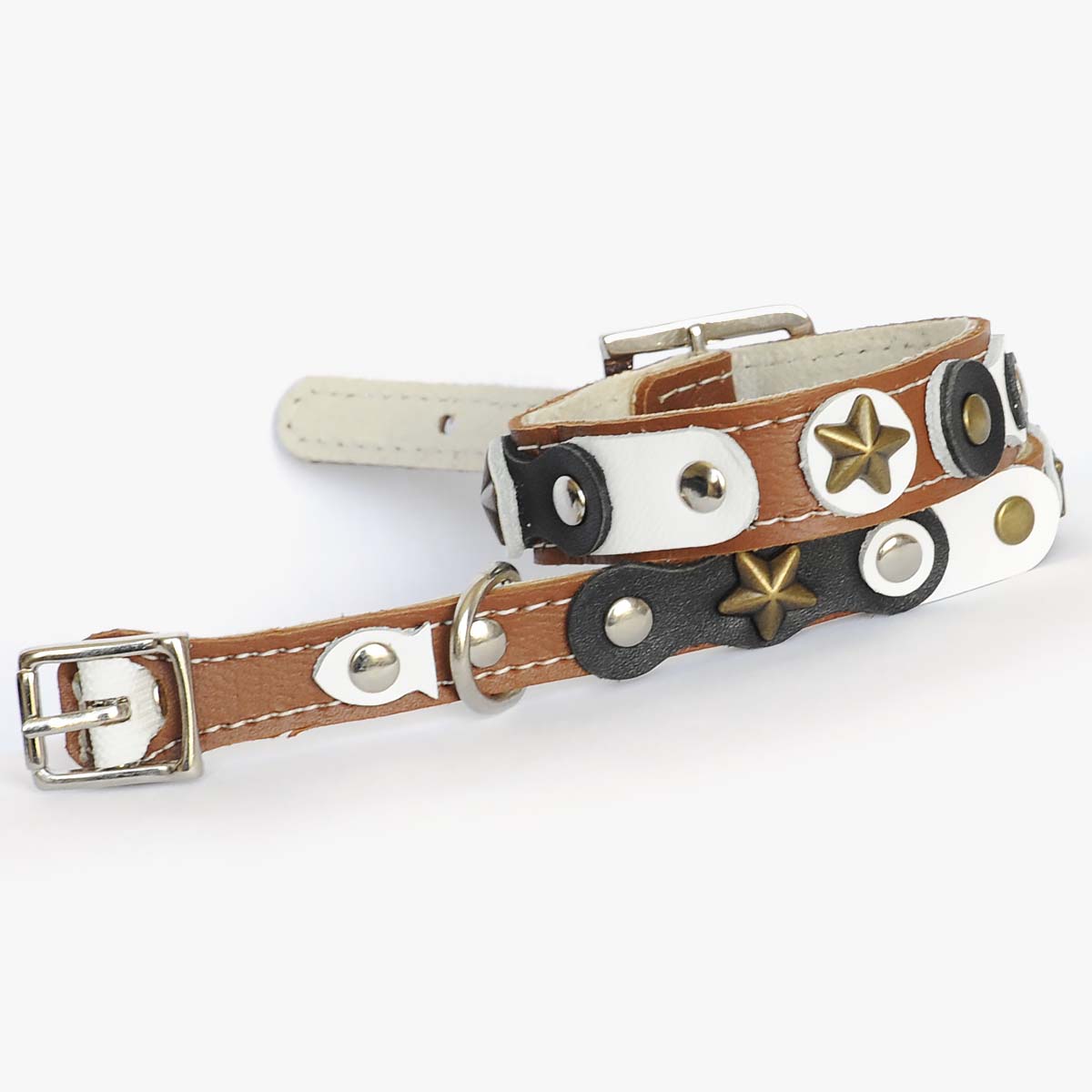 Superpipapo Leather Friendship Bracelet, & Matching Leather Cat Collar With Studs & Stars | at Made Moggie