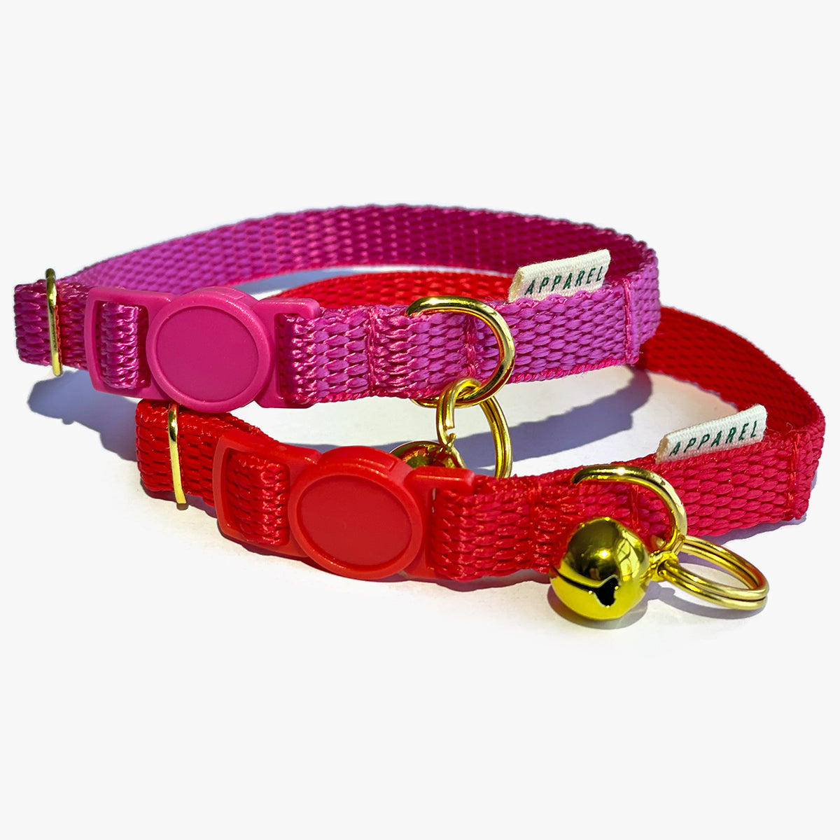Doggie Apparel Quick Release Cat Collar In Pink Or Red Nylon, With Bell | at Made Moggie