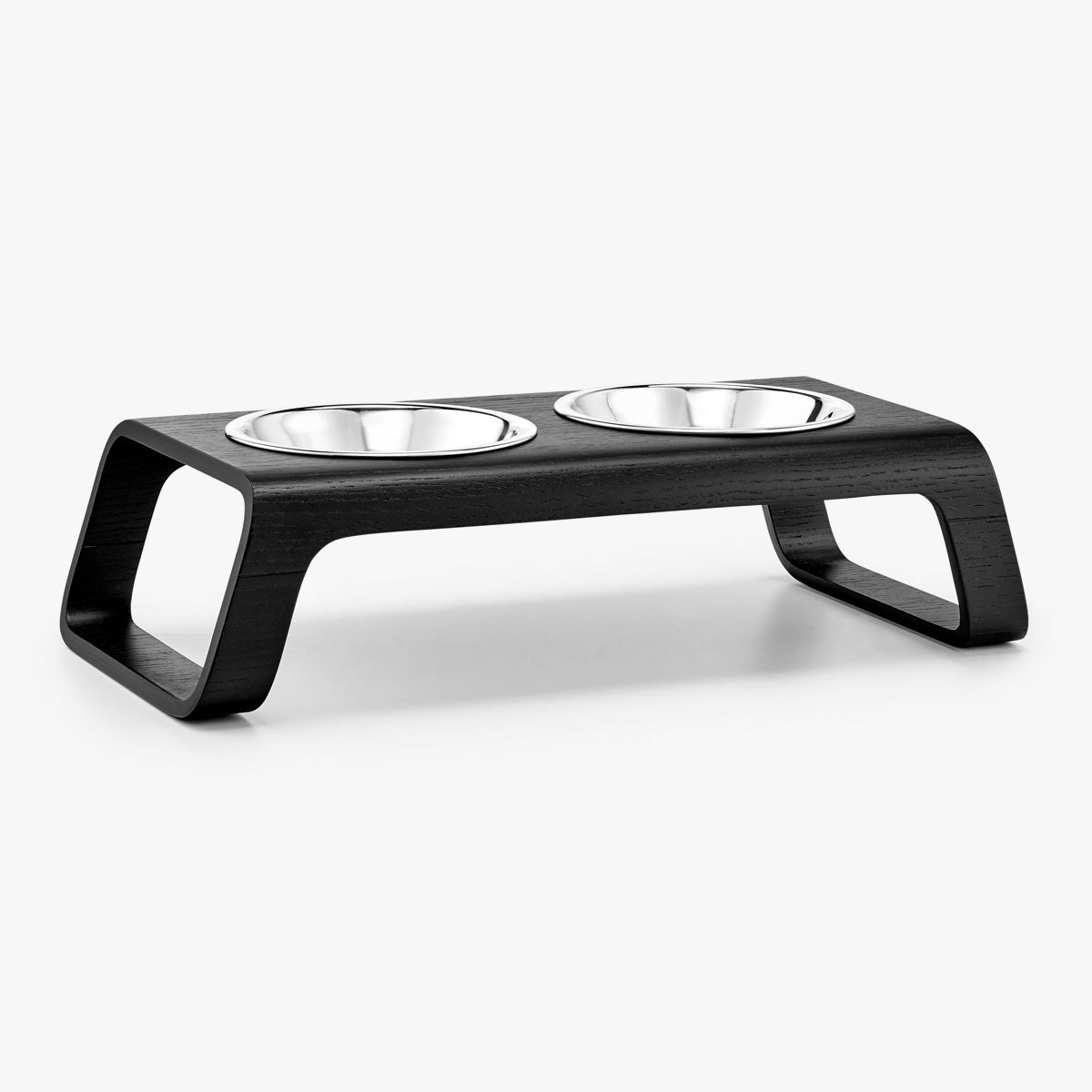 MiaCara Wood Cat Bowl Stand, In Black With 2 Bowls | at Made Moggie
