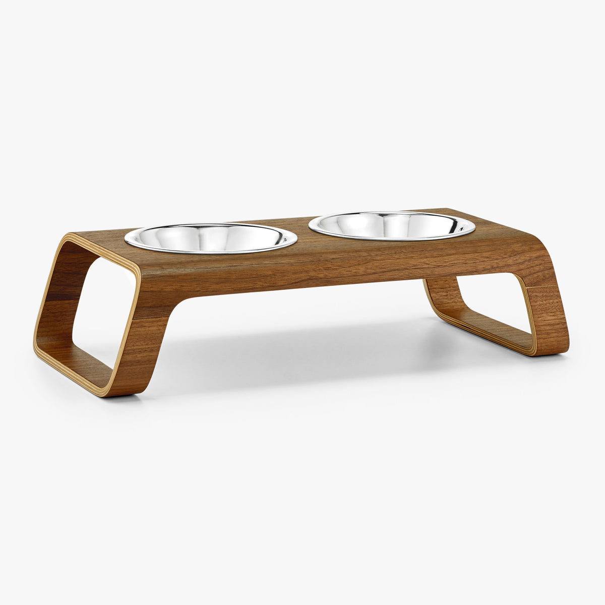 MiaCara Double Cat Bowl Stand, In Dark Wood & Stainless Steel | at Made Moggie