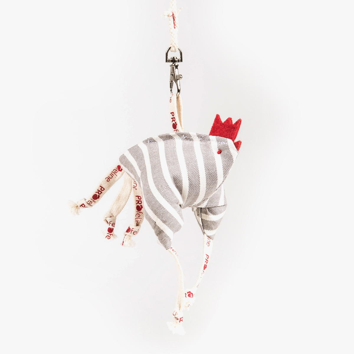 Profeline Catnip Funny Chicken Cat Toy, In Striped Grey Fabric | at Made Moggie