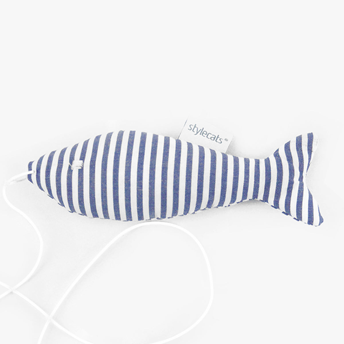 Stylecats Catnip Fish Toy, In Blue Striped Fabric With Long Cord | at Made Moggie