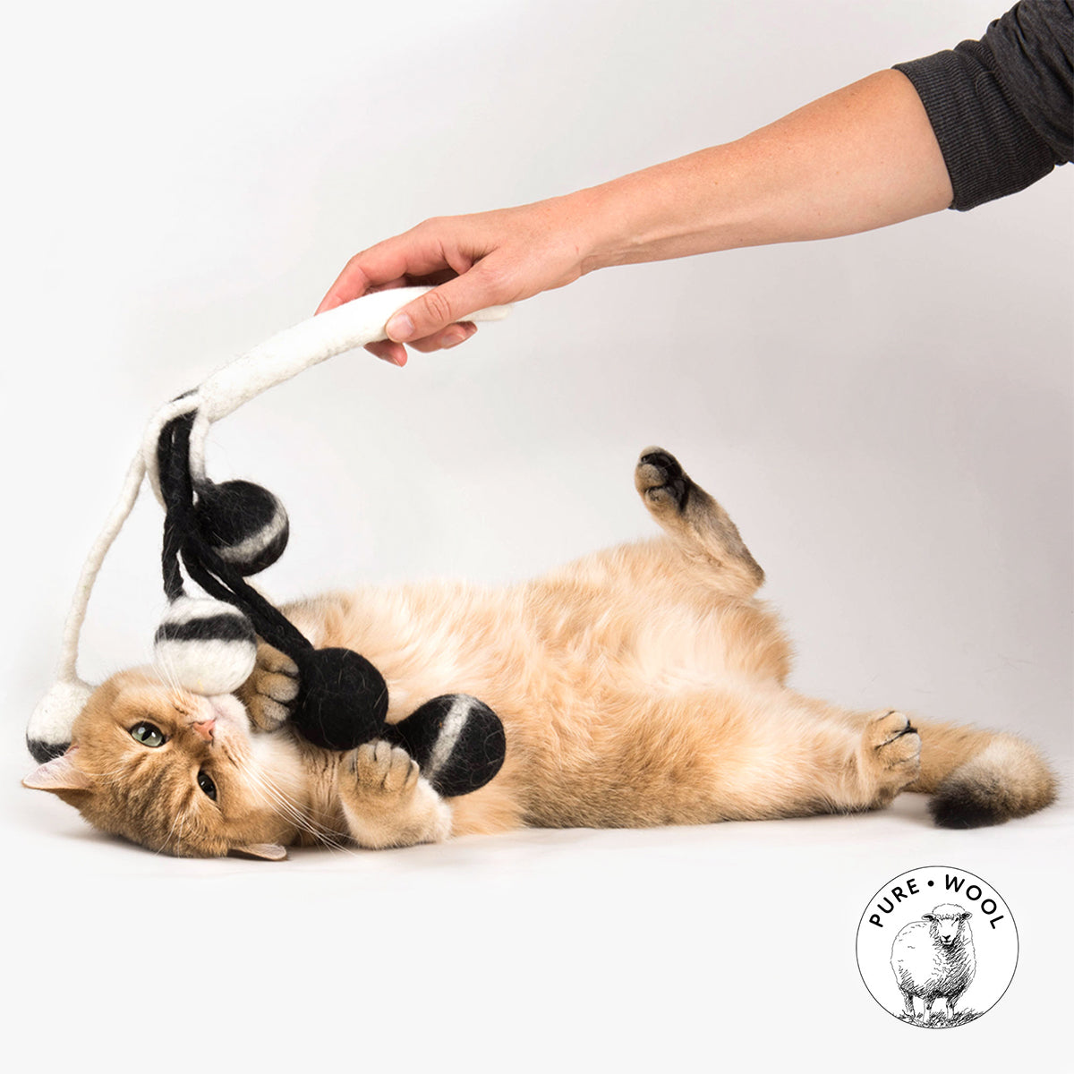 Profeline Felted Catcher, With Large Black & White Balls That Rattle | at Made Moggie