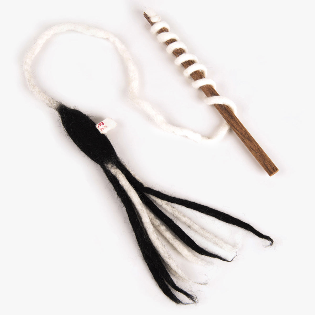 Profeline Felted Teaser Cat Toy, Wood Stick With Long Felt Octopus, In Black & White | at Made Moggie