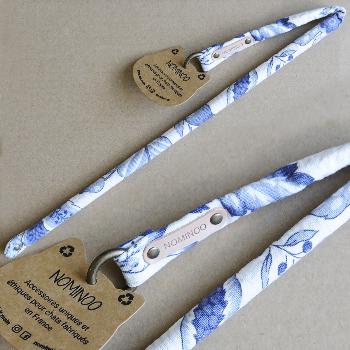 Nominoo Wood Cat Rod Toy, Wrapped In White & Blue Plant Fabric | at Made Moggie